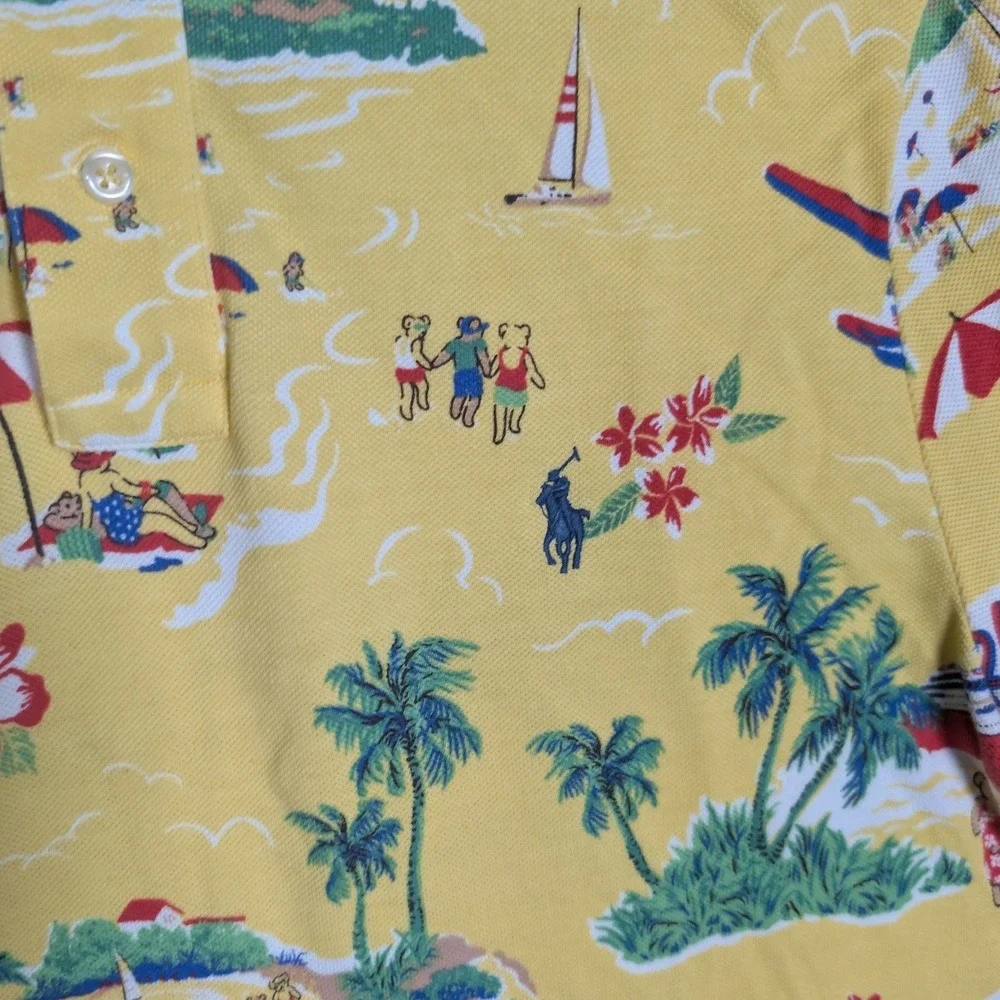 Polo Ralph Lauren Polo Shirt Mens Large Yellow Hawaiian Aloha Bear Preppy Resort
